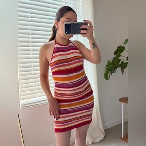 Multicolor Striped Crochet Halter Neck Mini Dress
